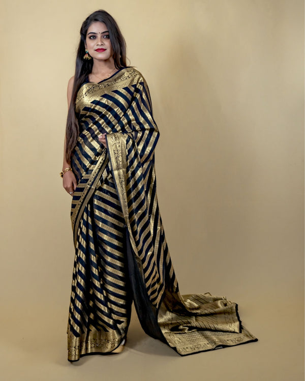 Indiehaat | Zari Banarasi Tissue Semi Silk Saree Black