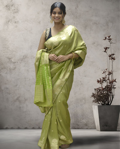 Indiehaat | Zari Banarasi Tissue Semi Silk Saree Green