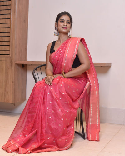 Indiehaat | Zari Banarasi Tissue Semi Silk Saree Pink