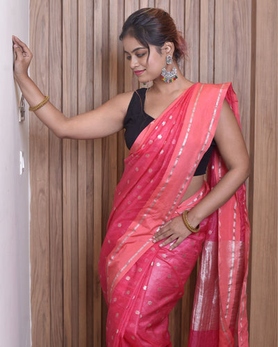 Indiehaat | Zari Banarasi Tissue Semi Silk Saree Pink