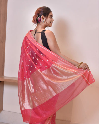 Indiehaat | Zari Banarasi Tissue Semi Silk Saree Pink
