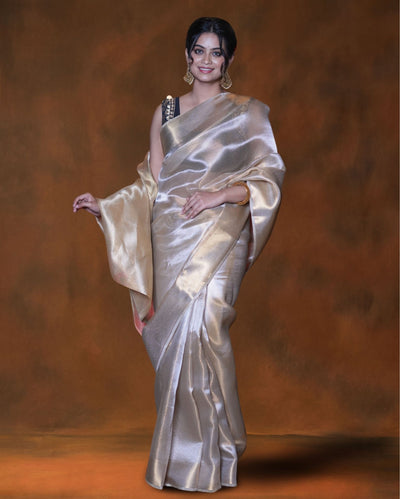 Indiehaat | Zari Banarasi Tissue Semi Silk Saree Gold