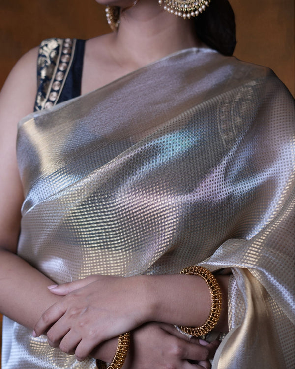 Indiehaat | Zari Banarasi Tissue Semi Silk Saree Gold