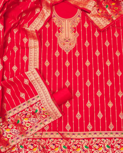 Indiehaat | Banarasi Cotton Thread Work Suit Red