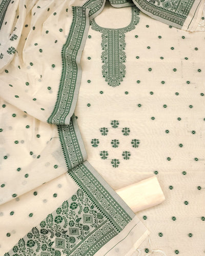 Indiehaat | Banarasi Cotton Thread Work Suit Cream & Green