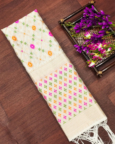 Indiehaat | Banarasi Lichi Silk Brocade Dupatta White