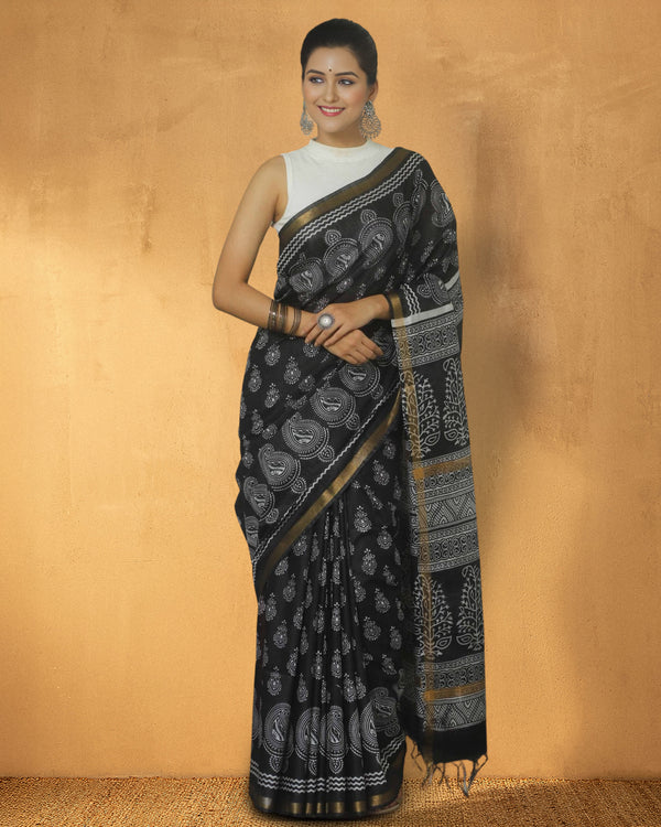 Indiehaat | Katan Silk Block Print Black Saree