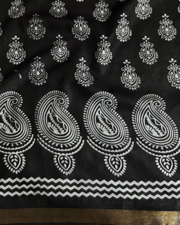 Indiehaat | Katan Silk Block Print Black Saree