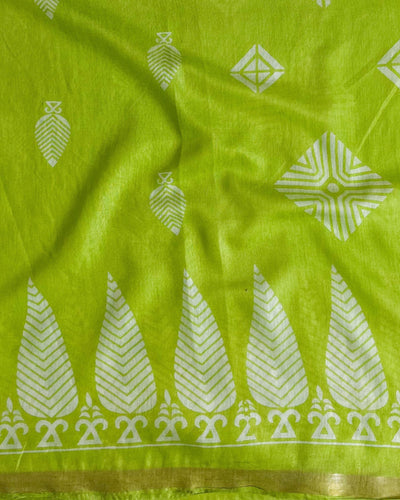 Indiehaat | Katan Silk Block Print Green Saree