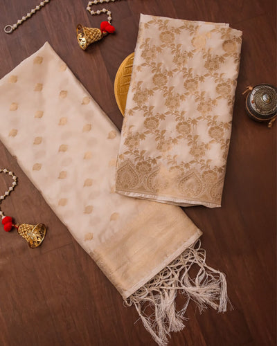 Indiehaat | Banarasi Brocade Weaving Lichi Silk Suit White