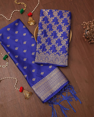 Indiehaat | Banarasi Brocade Weaving Lichi Silk Suit Blue