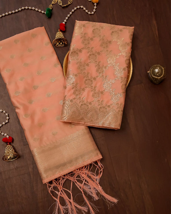 Indiehaat | Banarasi Brocade Weaving Lichi Silk Suit Peach