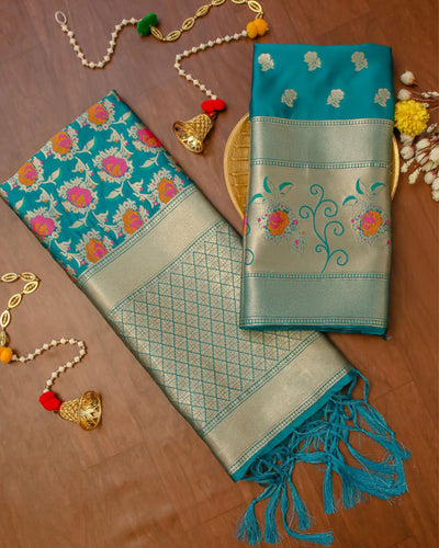 Indiehaat | Banarasi Lichi Silk Brocade Weaving Suit Blue