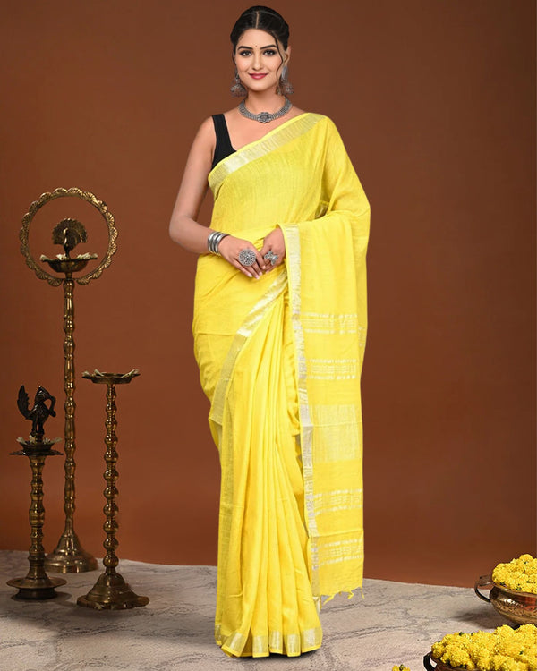Indiehaat | Linen Hand Dyed Strped Pallu Saree Yellow