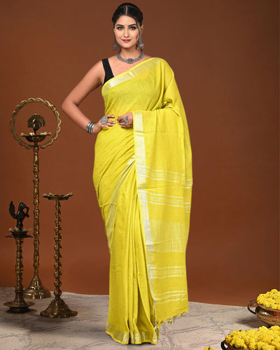 Indiehaat | Linen Hand Dyed Strped Pallu Saree Yellow
