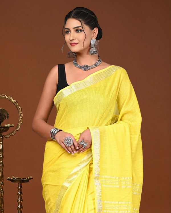 Indiehaat | Linen Hand Dyed Strped Pallu Saree Yellow