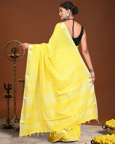 Indiehaat | Linen Hand Dyed Strped Pallu Saree Yellow