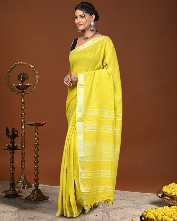Indiehaat | Linen Hand Dyed Strped Pallu Saree Yellow