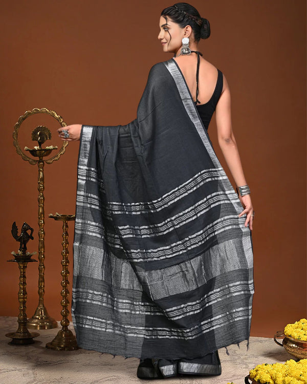 Indiehaat | Linen Hand Dyed Strped Pallu Saree Black