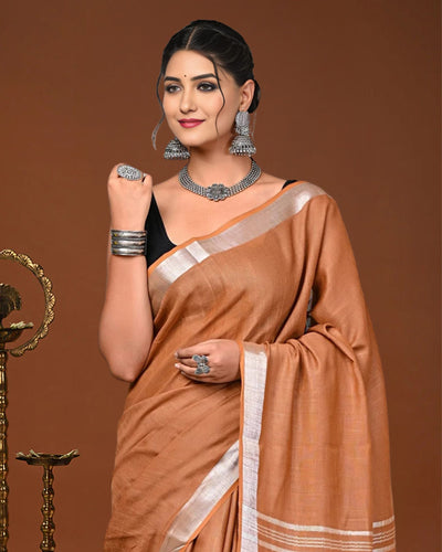 Indiehaat | Linen Hand Dyed Strped Pallu Saree Brown