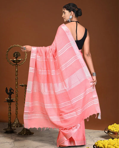 Indiehaat | Linen Hand Dyed Strped Pallu Saree Pink