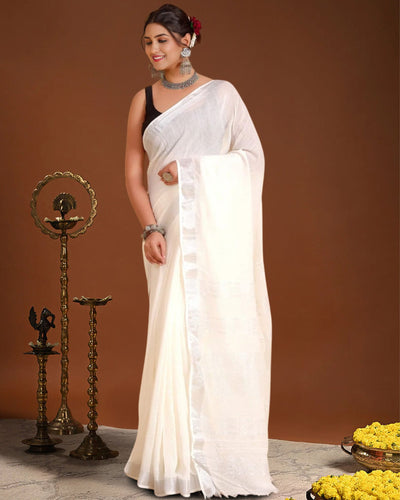 Indiehaat | Linen Hand Dyed Strped Pallu Saree White