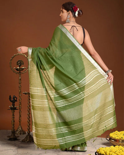 Indiehaat | Linen Hand Dyed Strped Pallu Saree Green