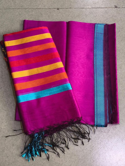 Indiehaat | Maheshwari Silk Cotton Border Suit Pink