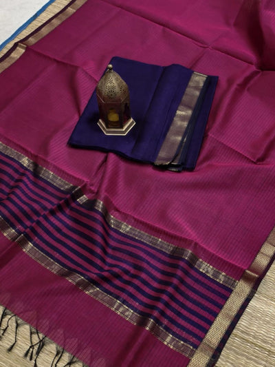 Indiehaat | Maheshwari Silk Zari Border Suit Blue & Pink