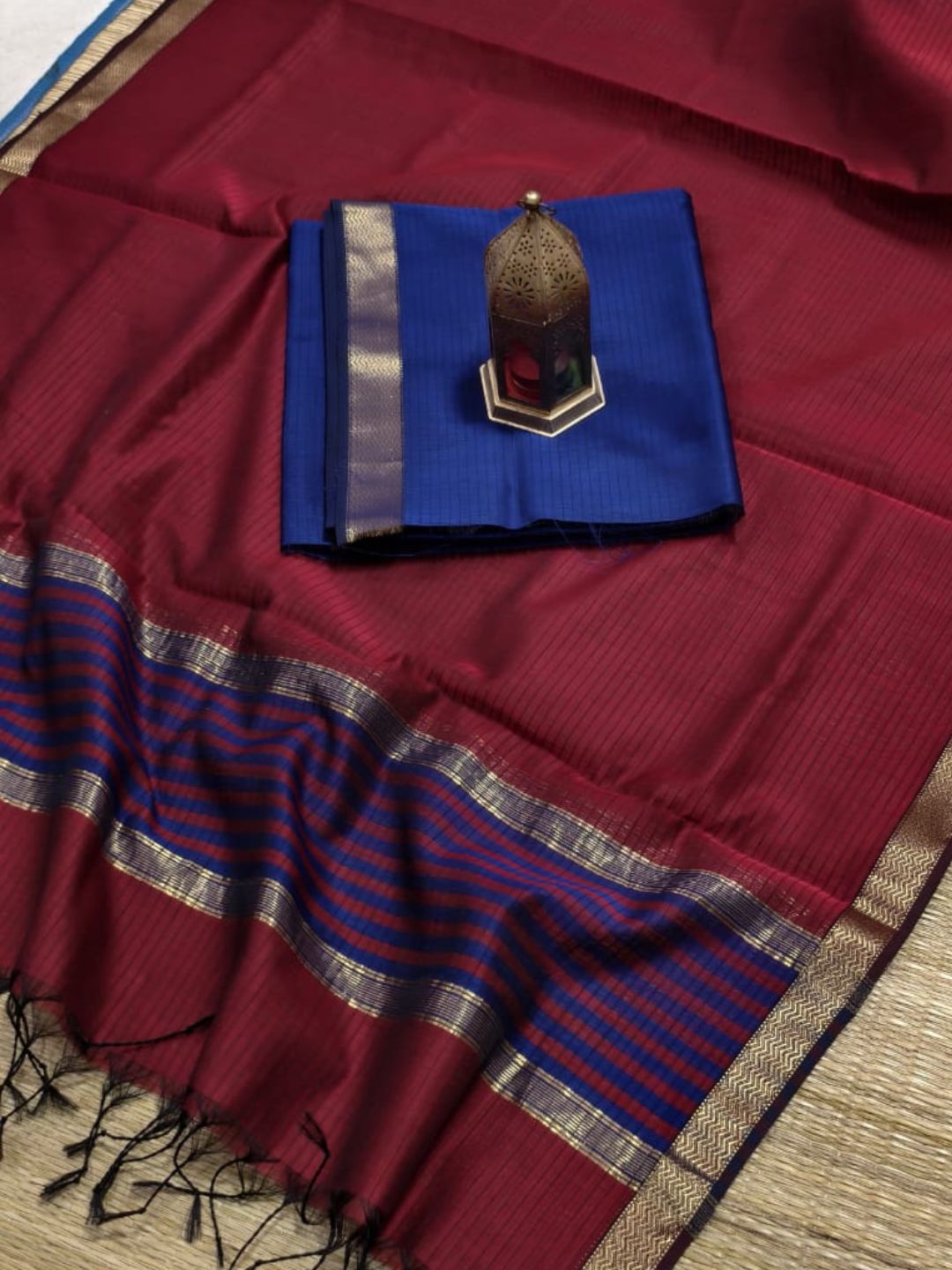 Indiehaat | Maheshwari Silk Zari Border Suit Blue & Red – Indiehaat.com