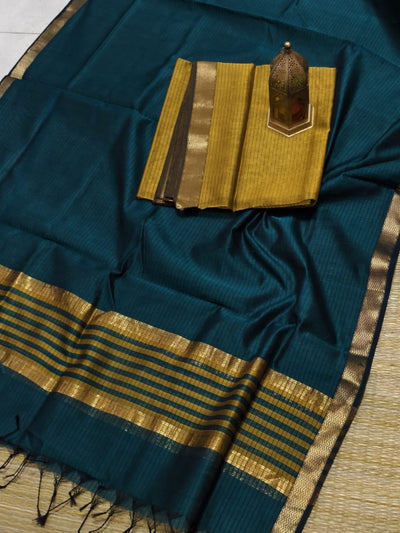 Indiehaat | Maheshwari Silk Zari Border Suit Yellow & Green