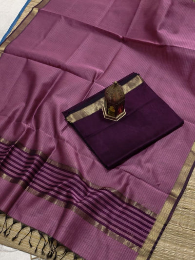 Indiehaat | Maheshwari Silk Zari Border Suit Maroon & Pink