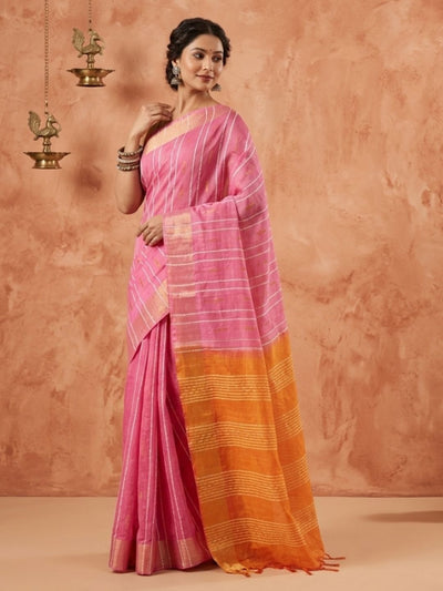 Indiehaat | Hand Dyed Kota Silk Dupion Stripe Saree Pink