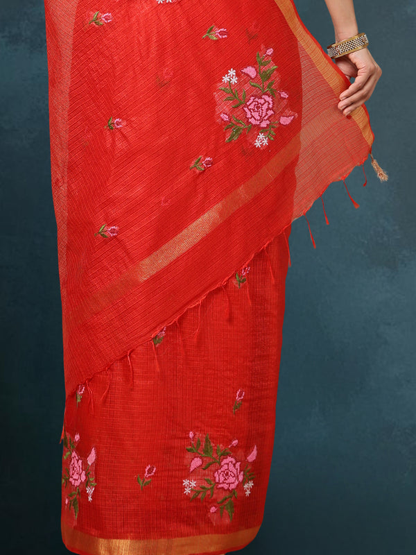 Indiehaat | Kota Silk Embroidered Saree Red