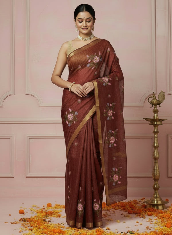 Silken Stitches Kota Silk Embroidered Saree Brown