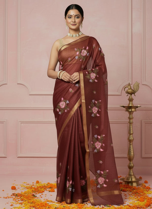 Indiehaat | Kota Silk Embroidered Saree Brown