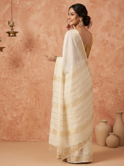 Indiehaat | Hand Dyed Kota Silk Zari Striped Saree White