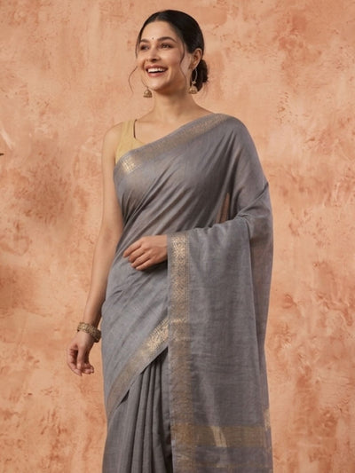 Indiehaat | Hand Dyed Kota Silk Zari Striped Saree Gray