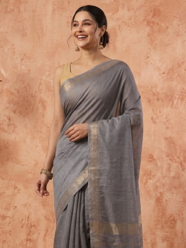 Indiehaat | Hand Dyed Kota Silk Zari Striped Saree Gray