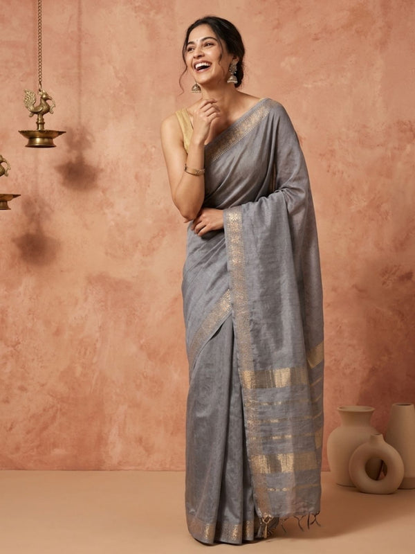 Indiehaat | Hand Dyed Kota Silk Zari Striped Saree Gray