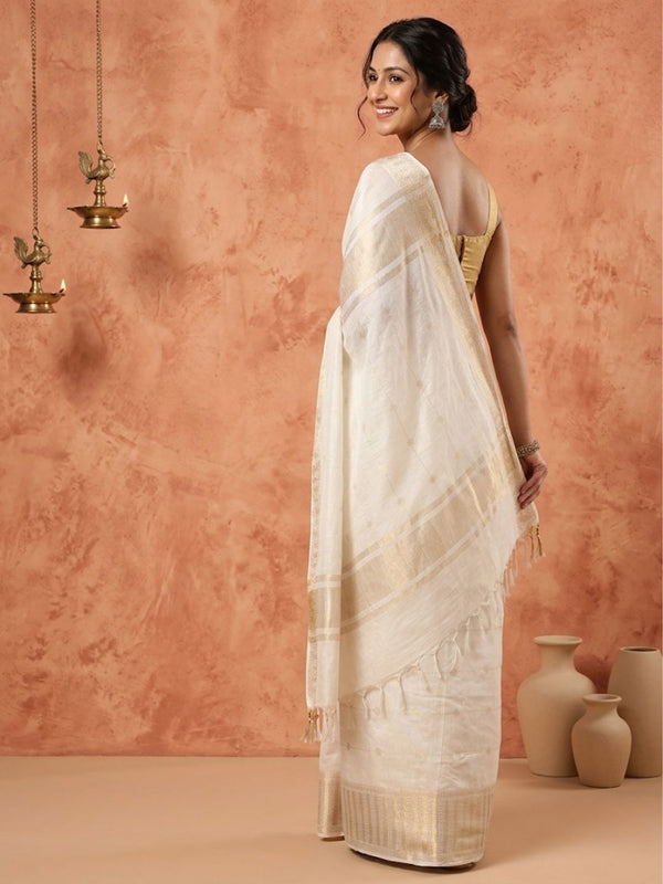 Indiehaat | Hand Dyed Kota Silk Jacquard Saree Off White