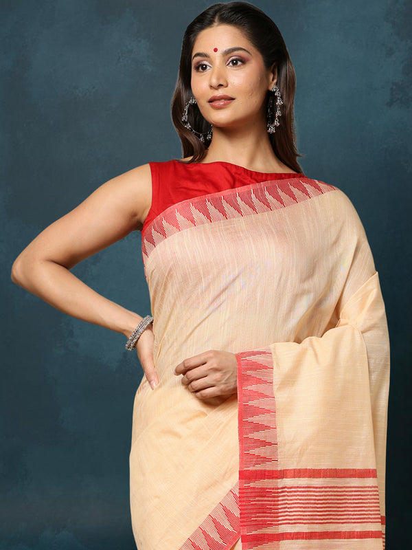 Indiehaat | Kota Silk Hand Dyed Temple Border Saree Beige