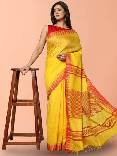 Indiehaat | Kota Silk Hand Dyed Temple Border Saree Yellow