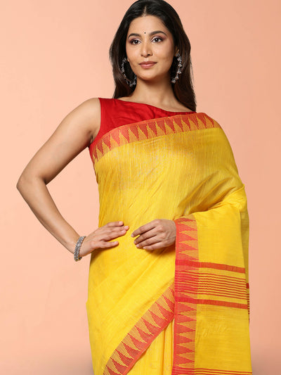 Indiehaat | Kota Silk Hand Dyed Temple Border Saree Yellow