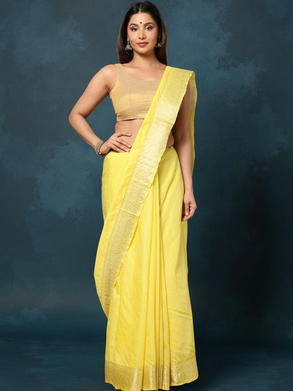 Indiehaat | Kota Banarasi Silk Hand Dyed Saree Yellow