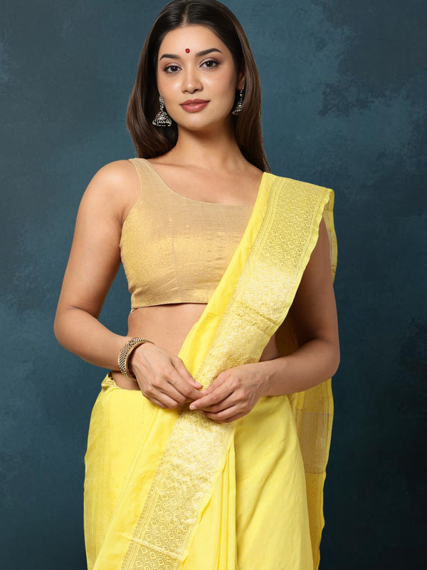 Indiehaat | Kota Banarasi Silk Hand Dyed Saree Yellow