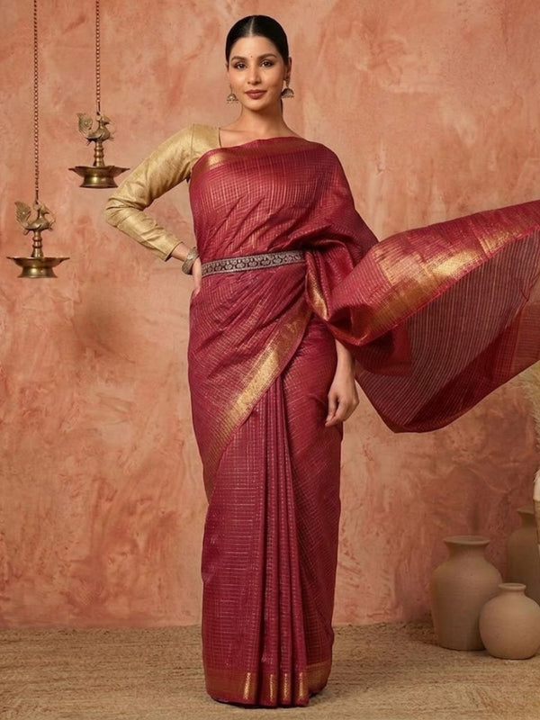 Indiehaat | Hand Dyed Kota Silk Check Saree Red
