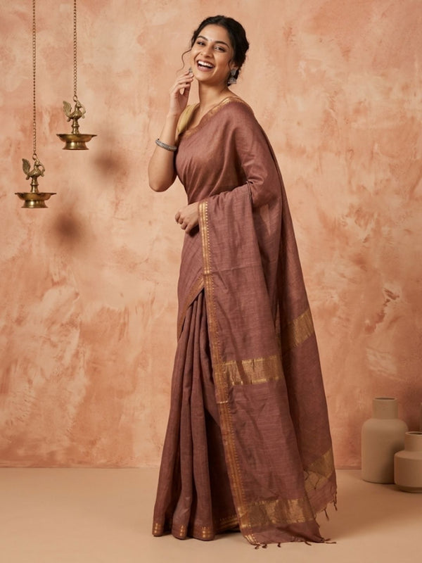 Indiehaat | Hand Dyed Kota Silk Check Saree Brown