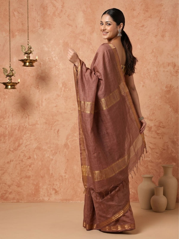 Indiehaat | Hand Dyed Kota Silk Check Saree Brown
