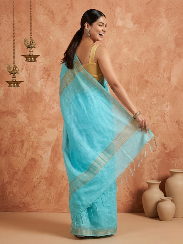 Indiehaat | Hand Dyed Kota Banarasi Silk Saree Blue